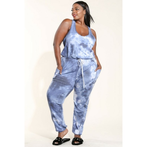 1x-3x NEW PLUS BLUE TIE DYE JUMPSUIT - Picture 5 of 8